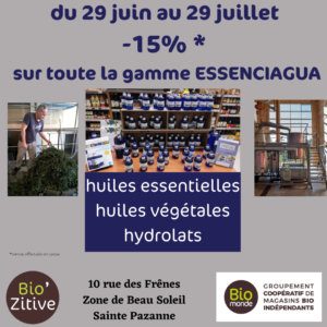 Lire la suite à propos de l’article -15% sur les huiles essentielles, huiles végétales et hydrolats de la marque ESSENCIAGUA